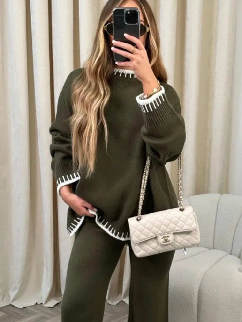 Contrast Trim Round Neck Top and Pants Sweater Set - Trendsi - Flyclothing LLC