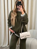 Contrast Trim Round Neck Top and Pants Sweater Set - Trendsi - Flyclothing LLC