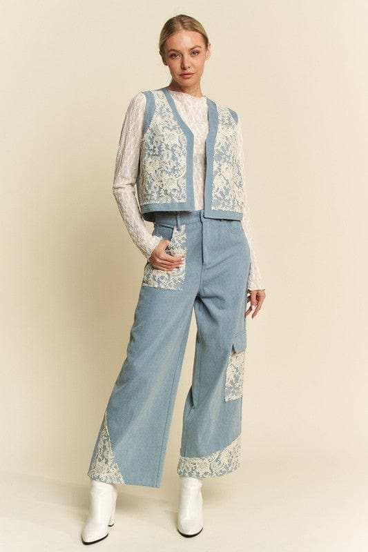 Davi & Dani Lace Patch Open Front Denim Vest - Trendsi - Flyclothing LLC