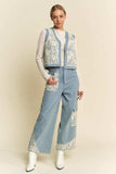Davi & Dani Lace Patch Open Front Denim Vest - Trendsi - Flyclothing LLC
