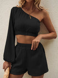 One Shoulder Long Sleeve Top and Shorts Set - Trendsi - Flyclothing LLC