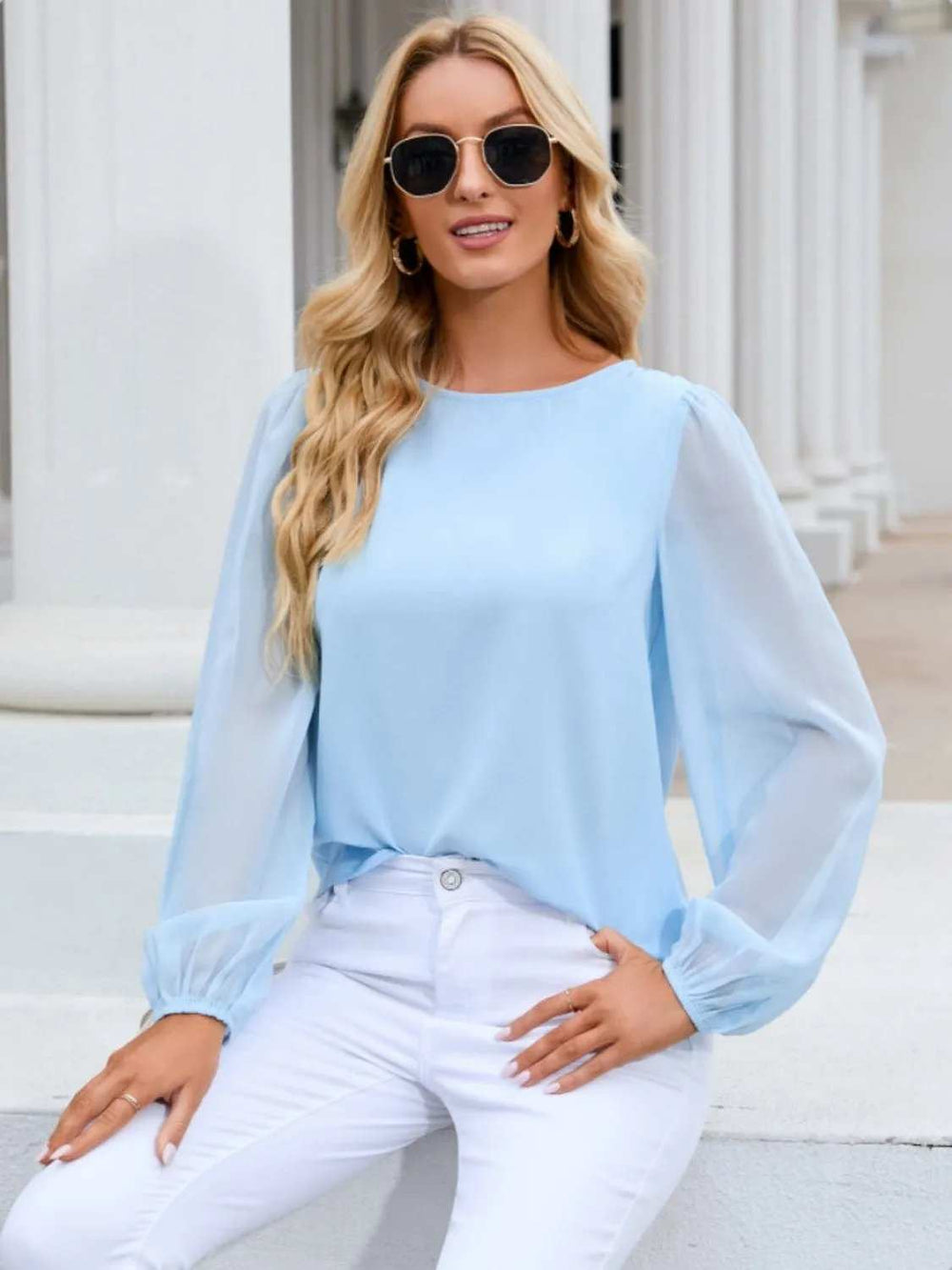 Round Neck Long Sleeve Blouse - Trendsi - Flyclothing LLC