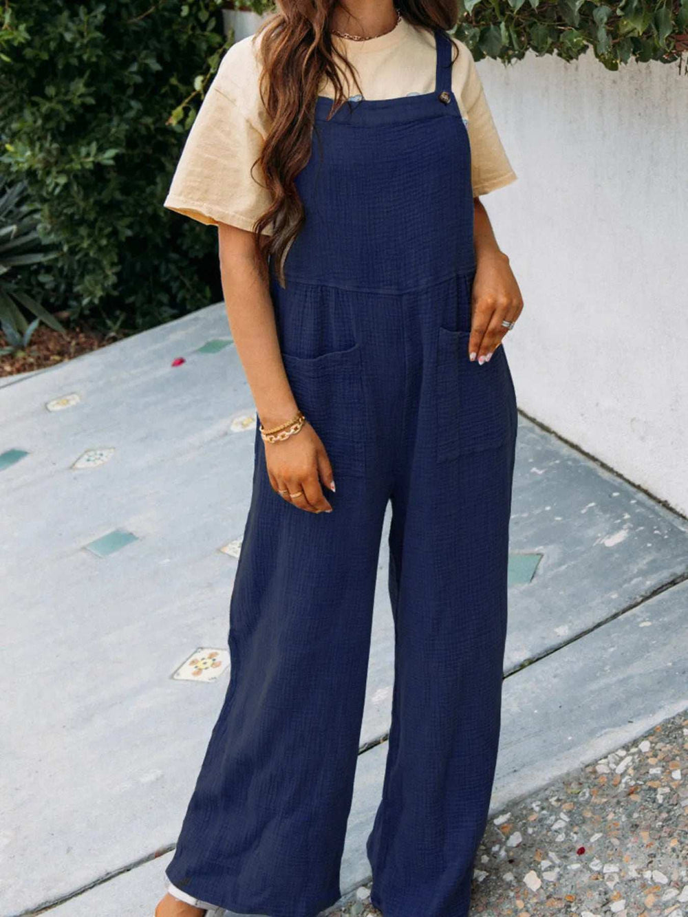 Full Size Casual Wide Leg Textured Overalls Plus Size - Trendsi - Flyclothing LLC