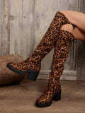 Leopard Round Toe Block Heel Boots - Trendsi - Flyclothing LLC