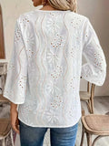 Eyelet Notched 3/4 Sleeve Blouse - Trendsi - Flyclothing LLC