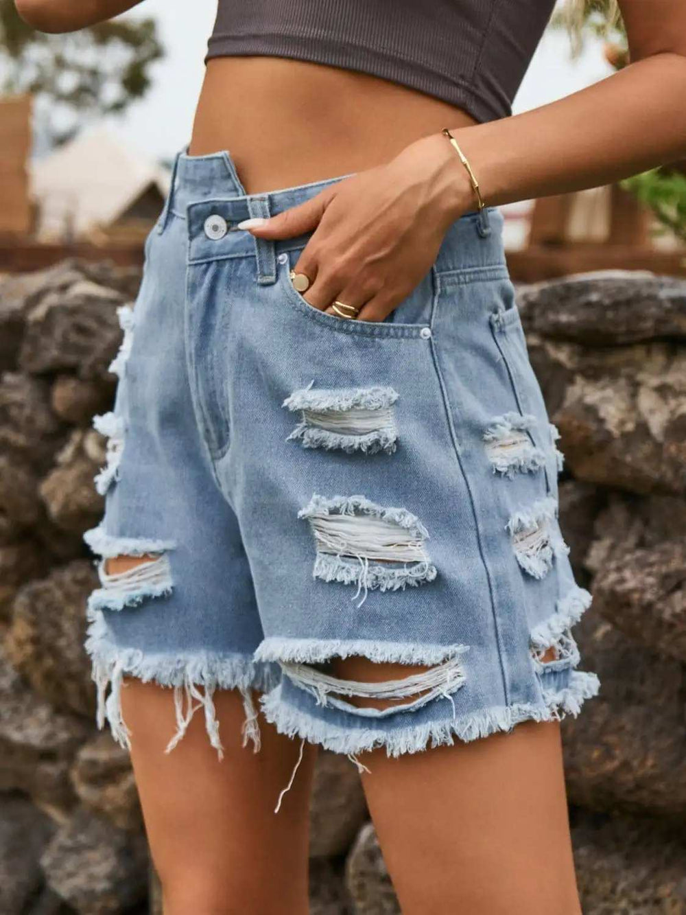 Distressed Raw Hem Denim Shorts - Trendsi - Flyclothing LLC