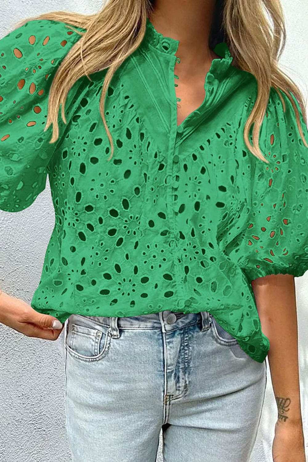 Eyelet Button Up Half Sleeve Blouse - Trendsi - Flyclothing LLC