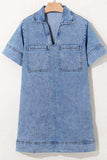 Short Sleeve Collared Patched Pocket Denim Mini Dress - Trendsi - Flyclothing LLC
