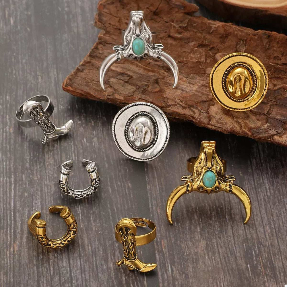 4 Piece Vintage Western Style Bull Head Rings - Trendsi - Flyclothing LLC