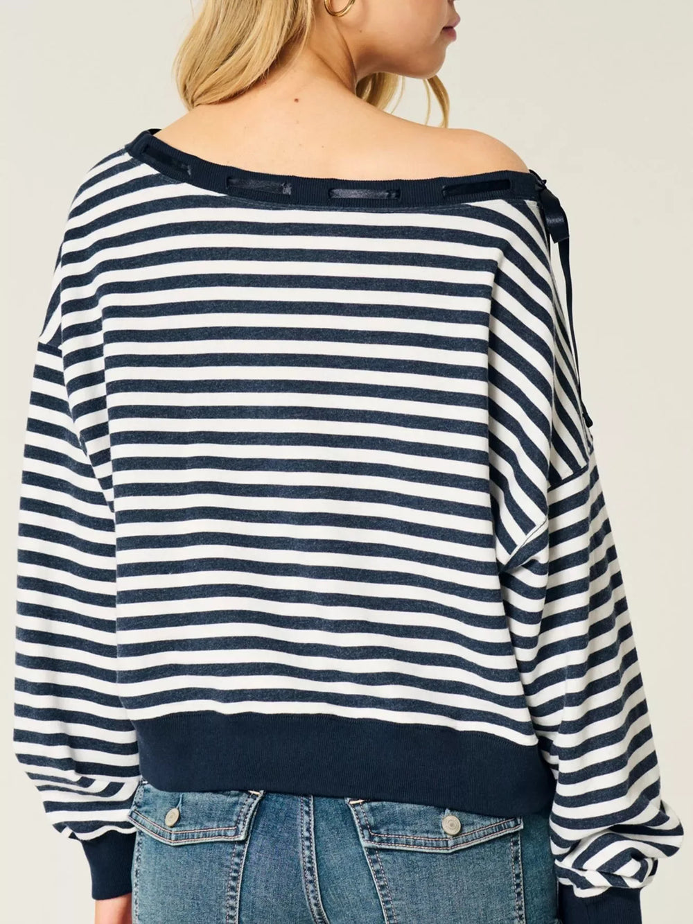 Striped Off-Shoulder Ribbon Accent Sweatshirt - Trendsi - Flyclothing LLC