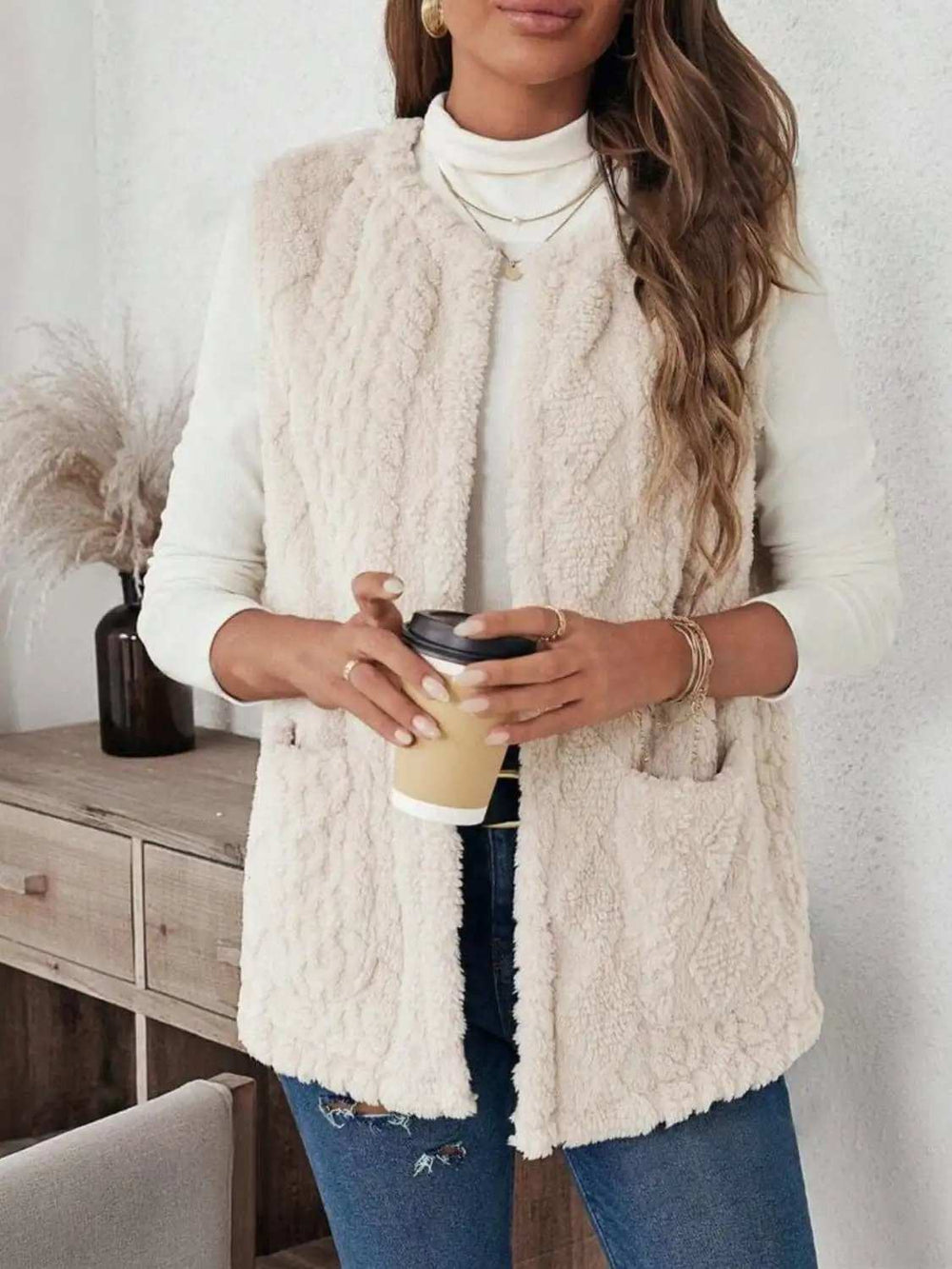 Fuzzy Open Front Vest with Pockets - Trendsi - Flyclothing LLC