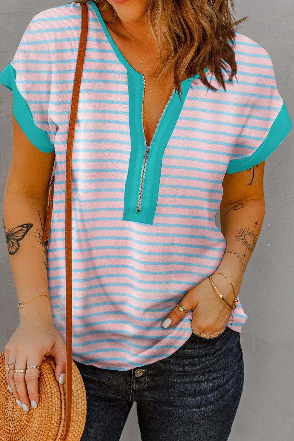 Striped Notched Short Sleeve T-Shirt - Trendsi - Flyclothing LLC