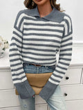 Striped Collared Neck Long Sleeve Sweater - Trendsi - Flyclothing LLC