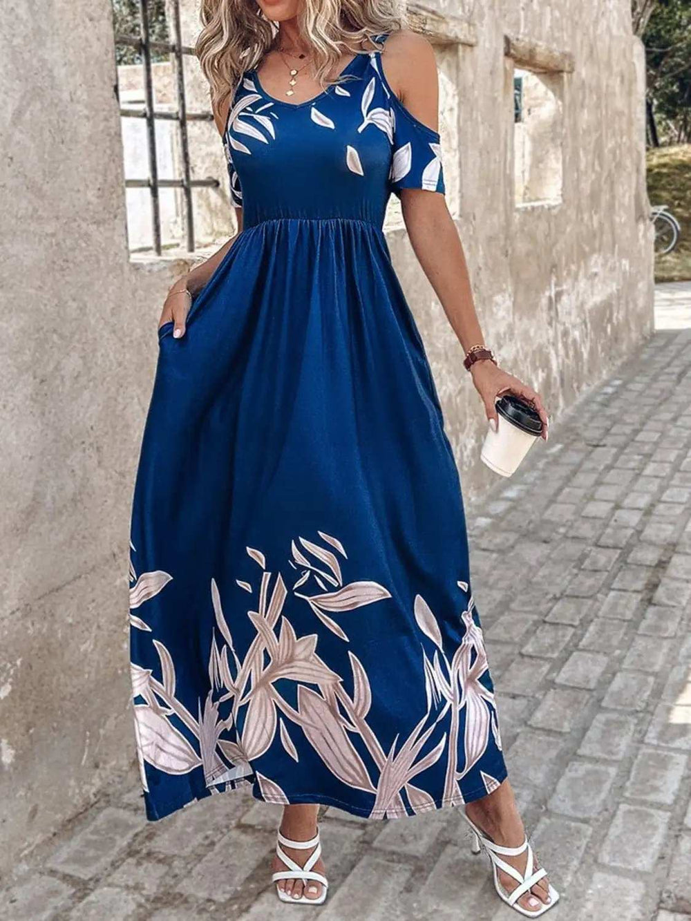 Printed Cold Shoulder Short Sleeve Maxi Dress - Trendsi - Flyclothing LLC