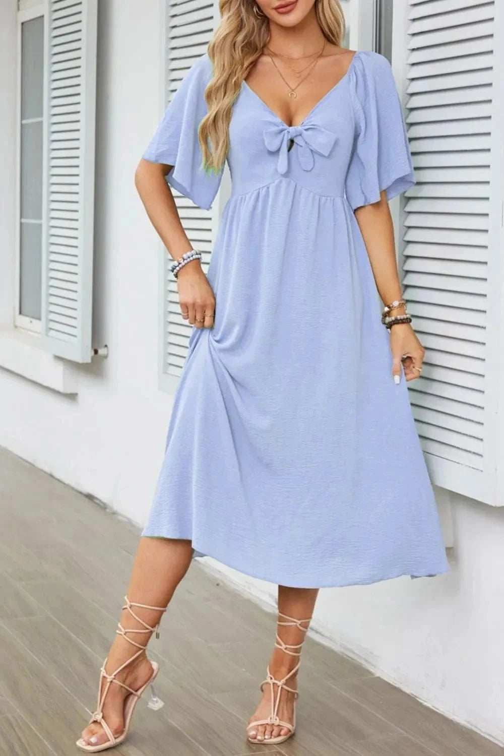 Smocked Tie Front Flutter Sleeve Midi Dress - Trendsi - Flyclothing LLC