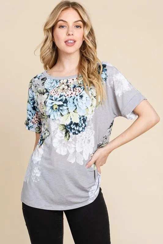 BOMBOM Floral Round Neck Short Sleeve T-Shirt - Trendsi - Flyclothing LLC