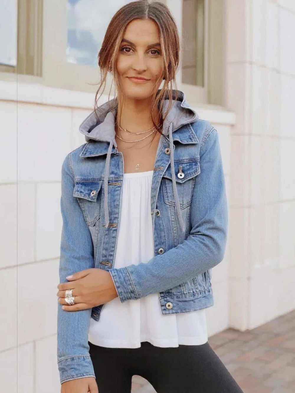 Full Size Button Up Drawstring Hooded Denim Jacket Plus Size - Trendsi - Flyclothing LLC