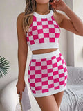 Checkered Grecian Neck Cami and Skirt Sweater Set - Trendsi - Flyclothing LLC