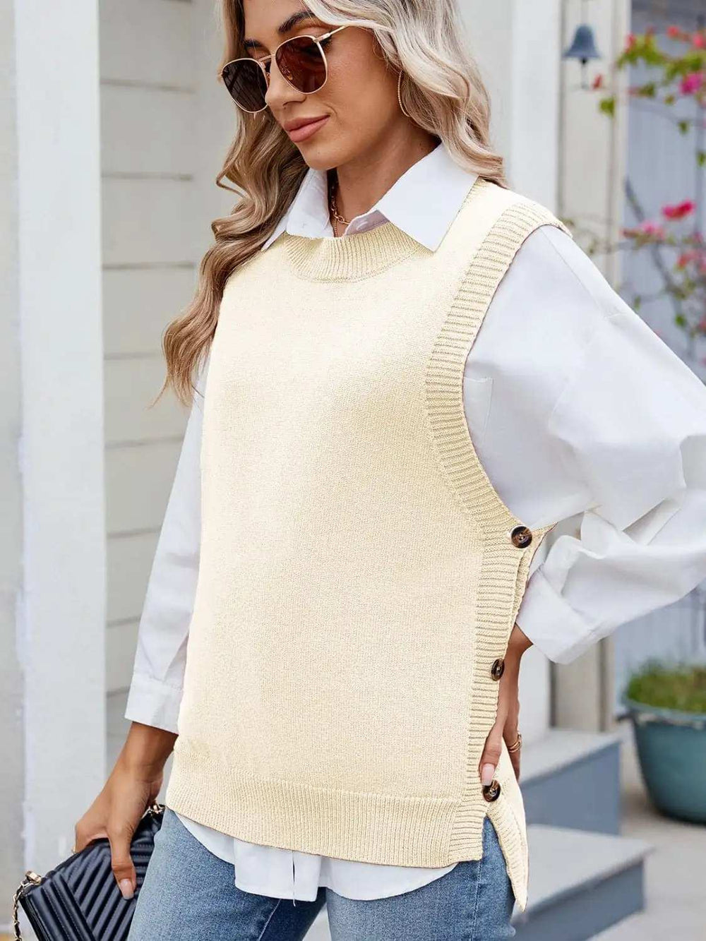 Buttoned Round Neck Sweater Vest - Trendsi - Flyclothing LLC