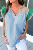 Color Block Notched Ruffled Cap Sleeve Blouse - Trendsi - Flyclothing LLC