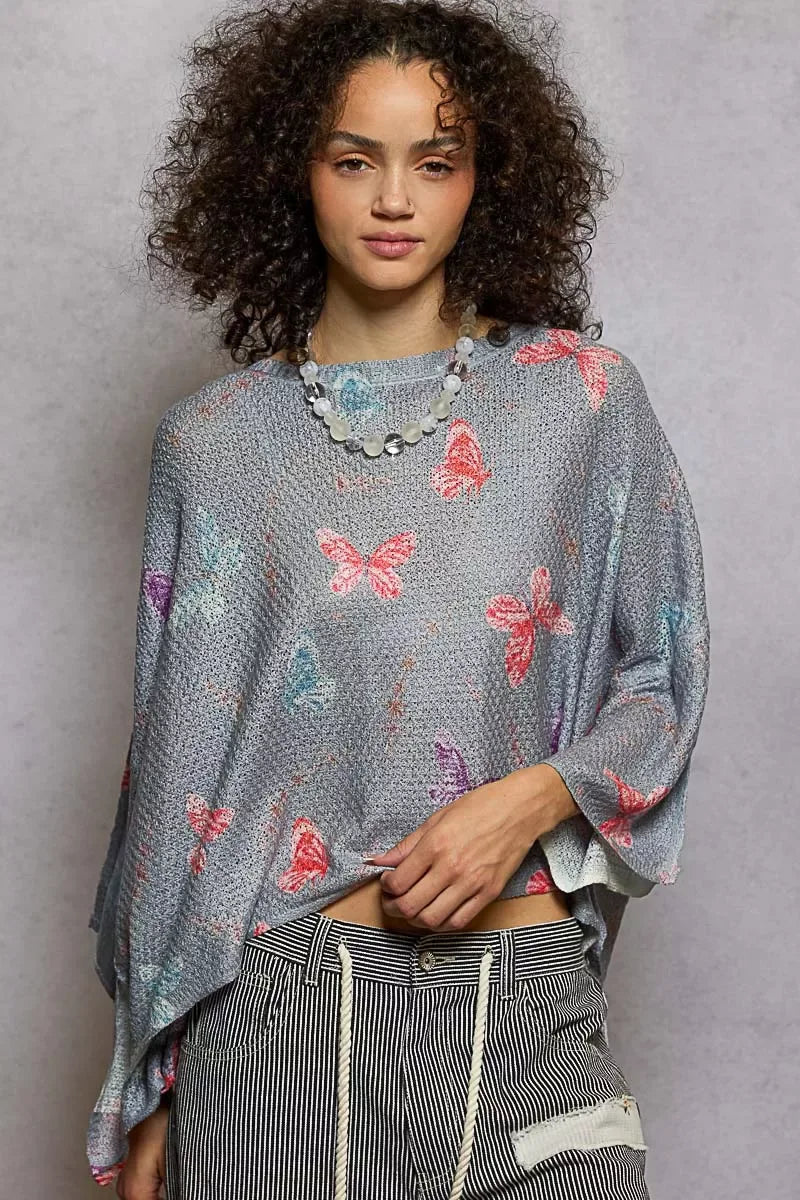 POL Butterflies Pattern Round Neck knit Top with Outseam Rolling Edge - Trendsi - Flyclothing LLC