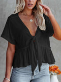 Tied Plunge Short Sleeve Blouse - Trendsi - Flyclothing LLC