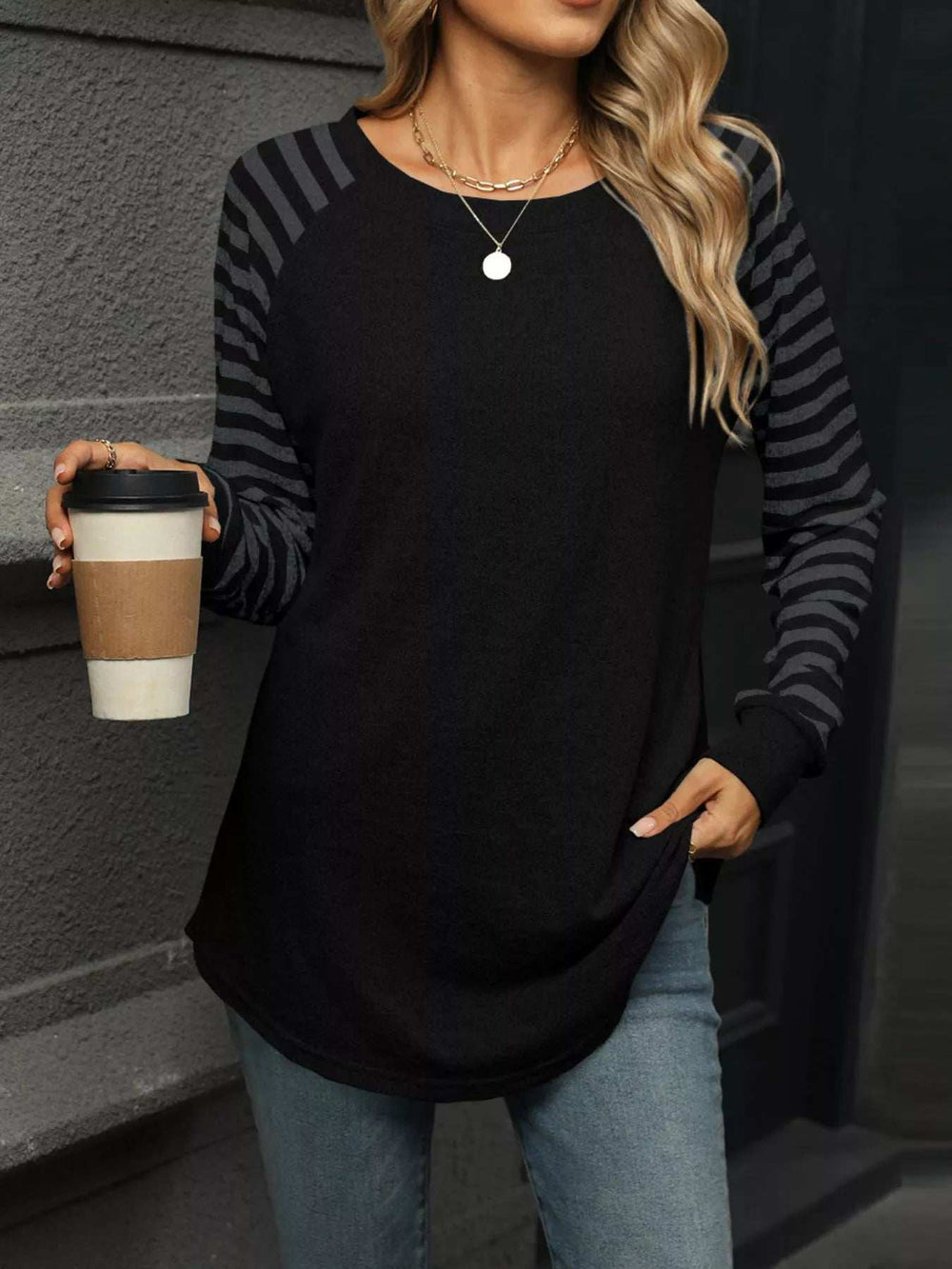 Striped Round Neck Raglan Sleeve T-Shirt - Trendsi - Flyclothing LLC