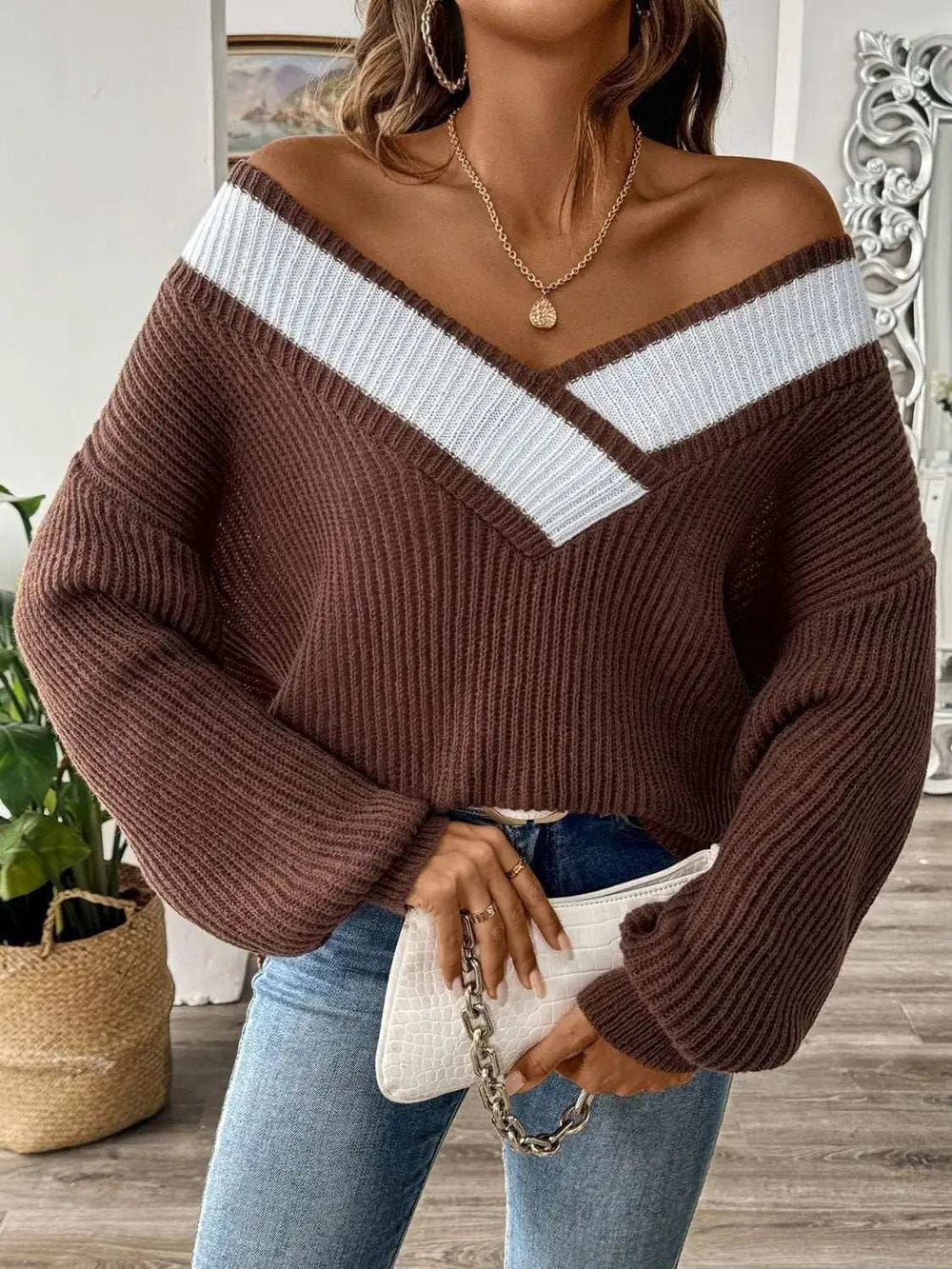 Contrast Dropped Shoulder Long Sleeve Sweater - Trendsi - Flyclothing LLC