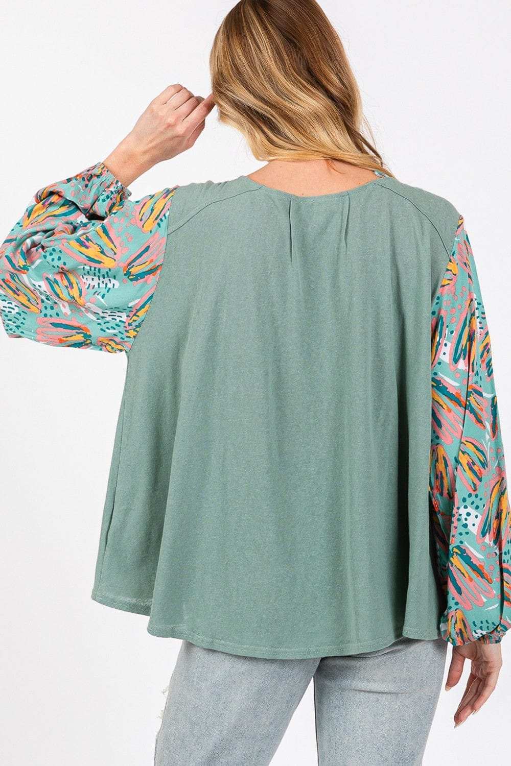 SAGE + FIG Ruched Round Neck Printed Bubble Sleeve Top - Trendsi - Flyclothing LLC