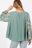 SAGE + FIG Ruched Round Neck Printed Bubble Sleeve Top - Trendsi - Flyclothing LLC