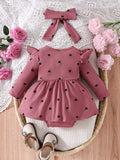 Children's Heart Print Ruffle Trim Bodysuit Dress with Headband - Trendsi - Flyclothing LLC