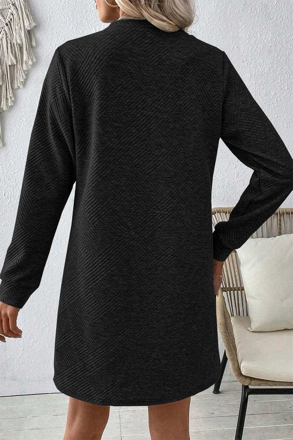 Textured Round Neck Long Sleeve Mini Dress - Trendsi - Flyclothing LLC