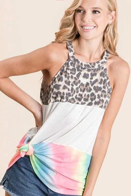 BiBi Leopard and Tie Dye Block Halter Neck Top - Trendsi - Flyclothing LLC