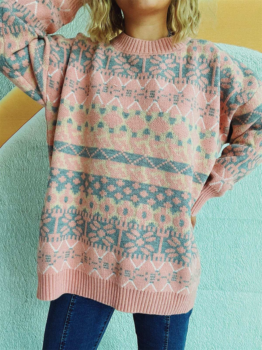 Geometric Round Neck Dropped Shoulder Sweater - Trendsi - Flyclothing LLC