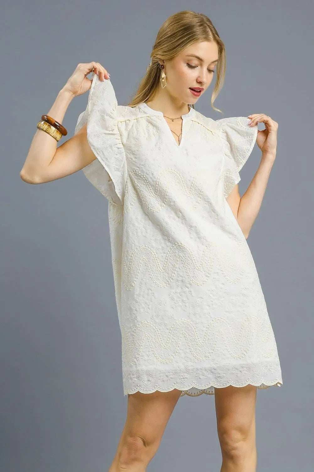 Umgee Scalloped Hem Embroidered Mini Dress - Trendsi - Flyclothing LLC
