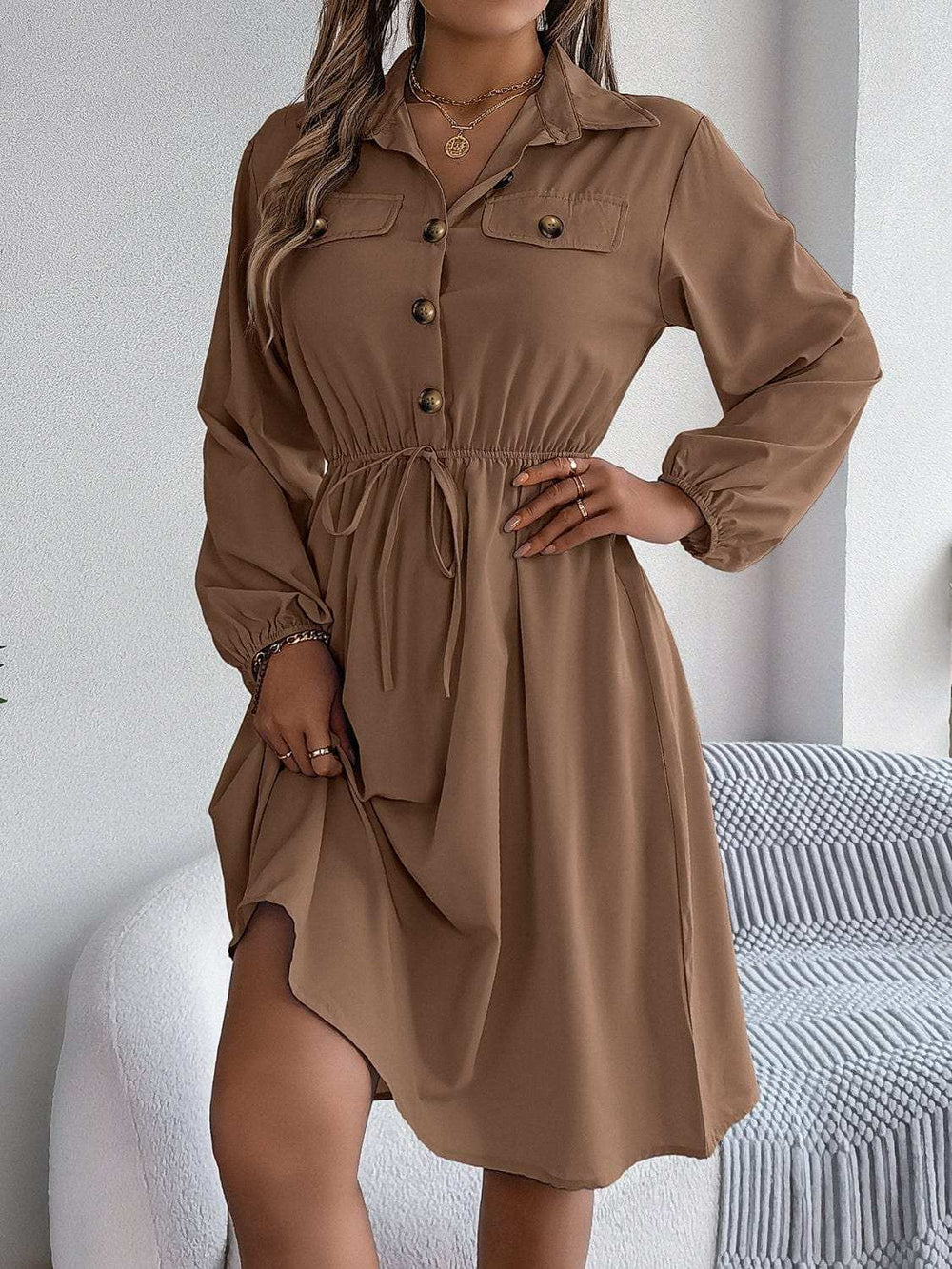 Collared Neck Long Sleeve Dress with Pockets - Trendsi - Flyclothing LLC