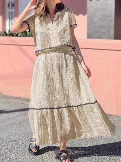 Contrast Trim Openwork Short Sleeve Top and Skirt Set - Trendsi - Flyclothing LLC