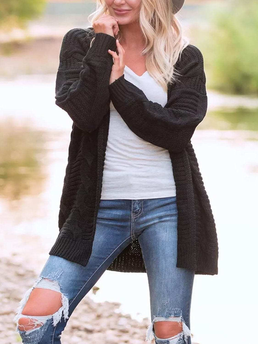 Cable-Knit Open Front Long Sleeve Cardigan - Trendsi - Flyclothing LLC