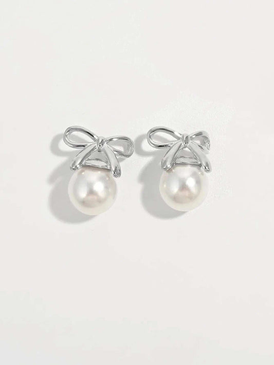 925 Sterling Silver Pearl Bow Earrings - Trendsi - Flyclothing LLC