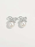925 Sterling Silver Pearl Bow Earrings - Trendsi - Flyclothing LLC