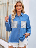 Raw Hem Button Up Long Sleeve Denim Jacket with Sequin Pockets - Trendsi - Flyclothing LLC