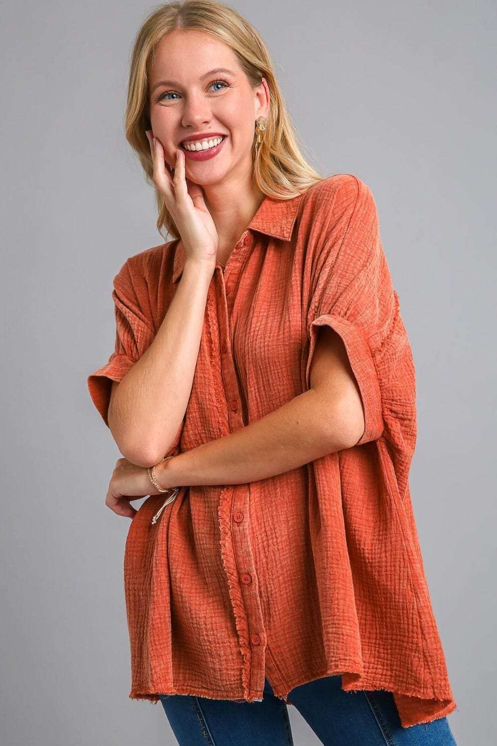 Umgee Full Size Cotton Gauze Mineral Wash Button Down Shirt Plus Size - Trendsi - Flyclothing LLC