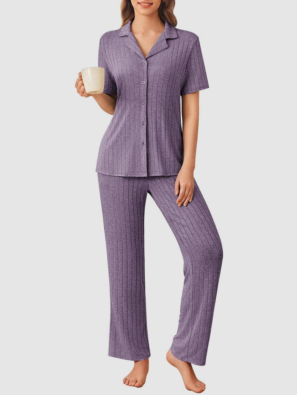 Button Down Long Sleeve Top and Pants Lounge Set - Trendsi - Flyclothing LLC