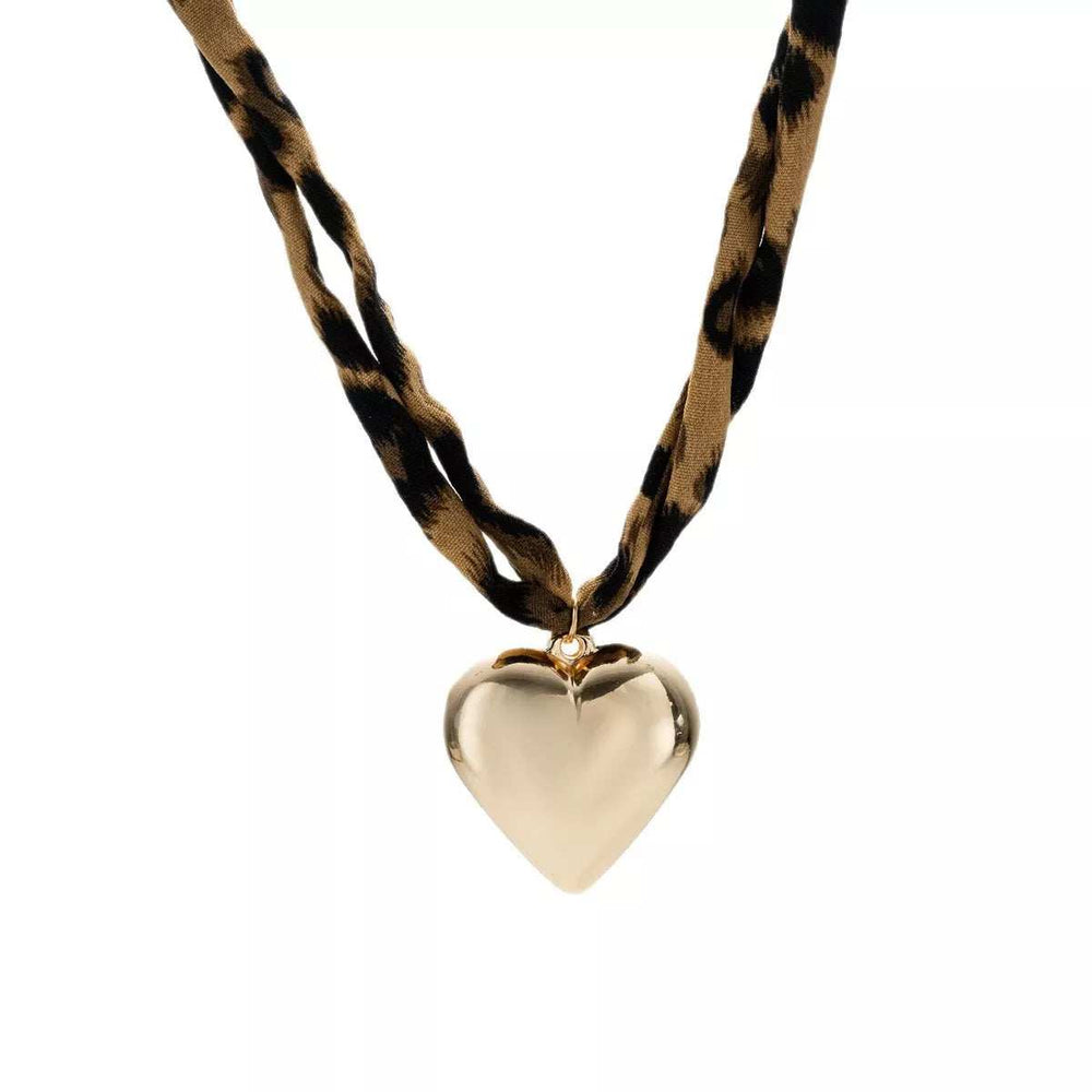 Leopard Print Choker with Golden Heart Pendant Necklace - Trendsi - Flyclothing LLC