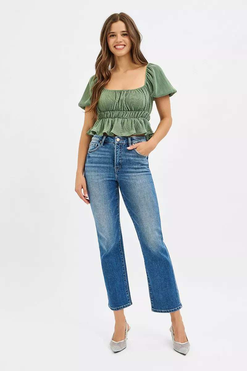 RISEN Tummy Control High Rise Crop Straight Jeans - Trendsi - Flyclothing LLC