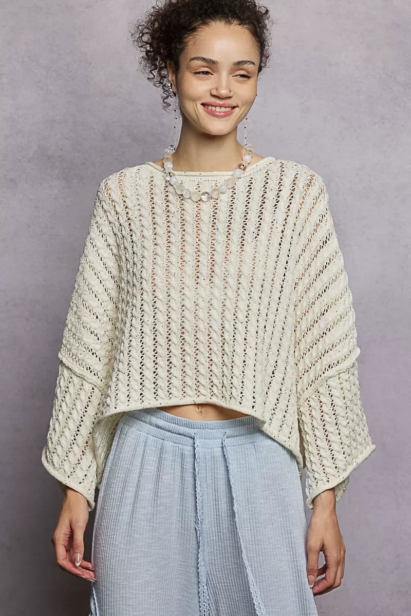 POL Cable-Knit Openwork Round Neck Cropped Sweater - Trendsi - Flyclothing LLC