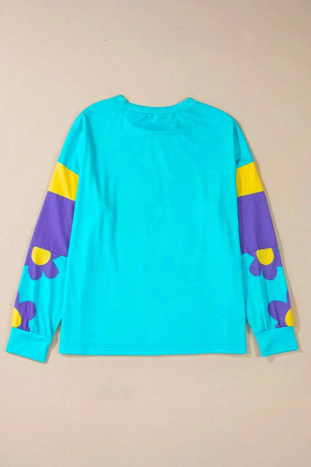 Contrast Flower Round Neck Long Sleeve Blouse - Trendsi - Flyclothing LLC