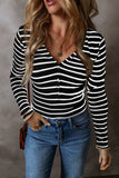 Striped V-Neck Long Sleeve Top - Trendsi - Flyclothing LLC