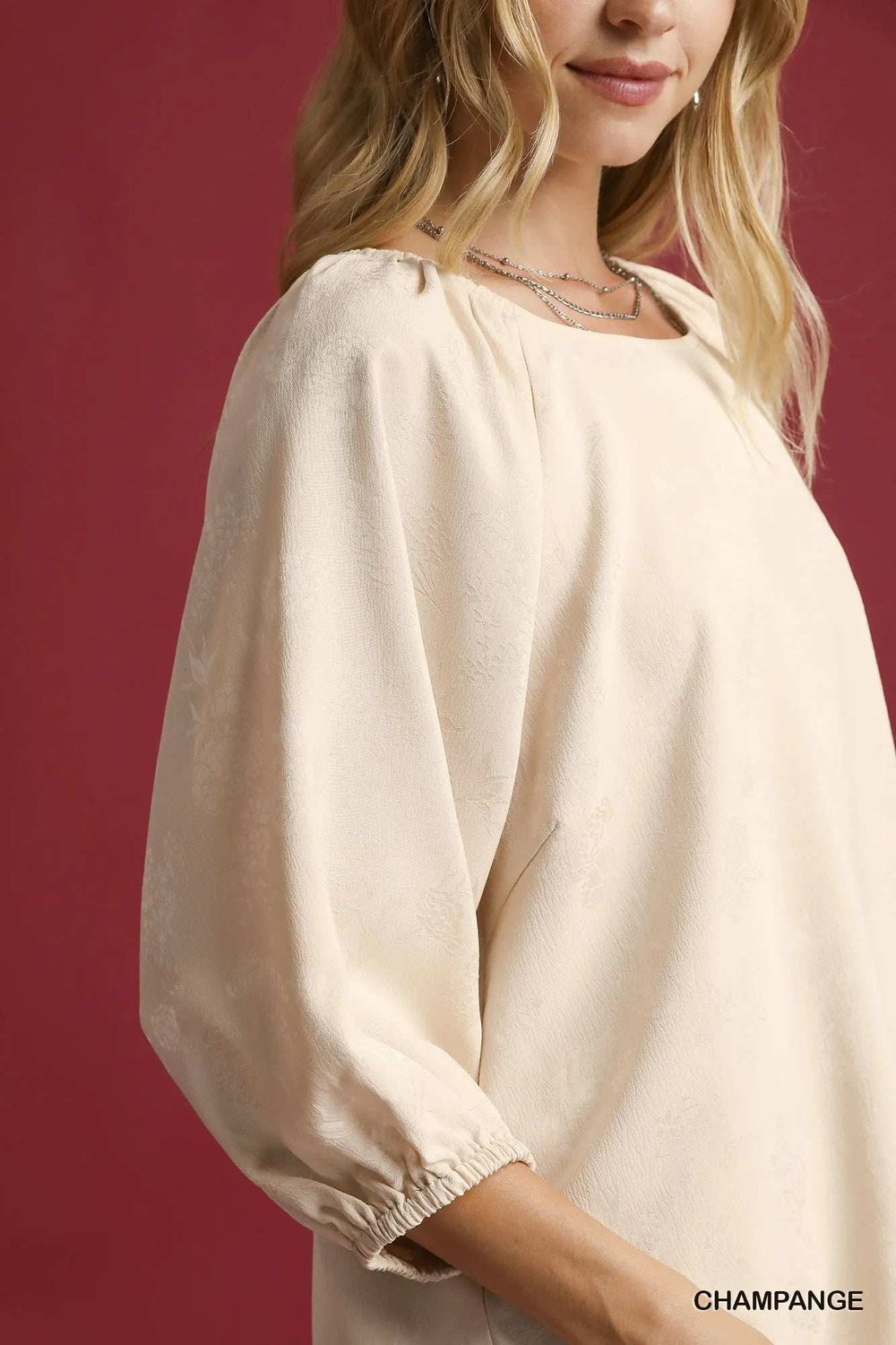 Umgee Satin Jacquard Balloon Sleeve Blouse - Trendsi - Flyclothing LLC