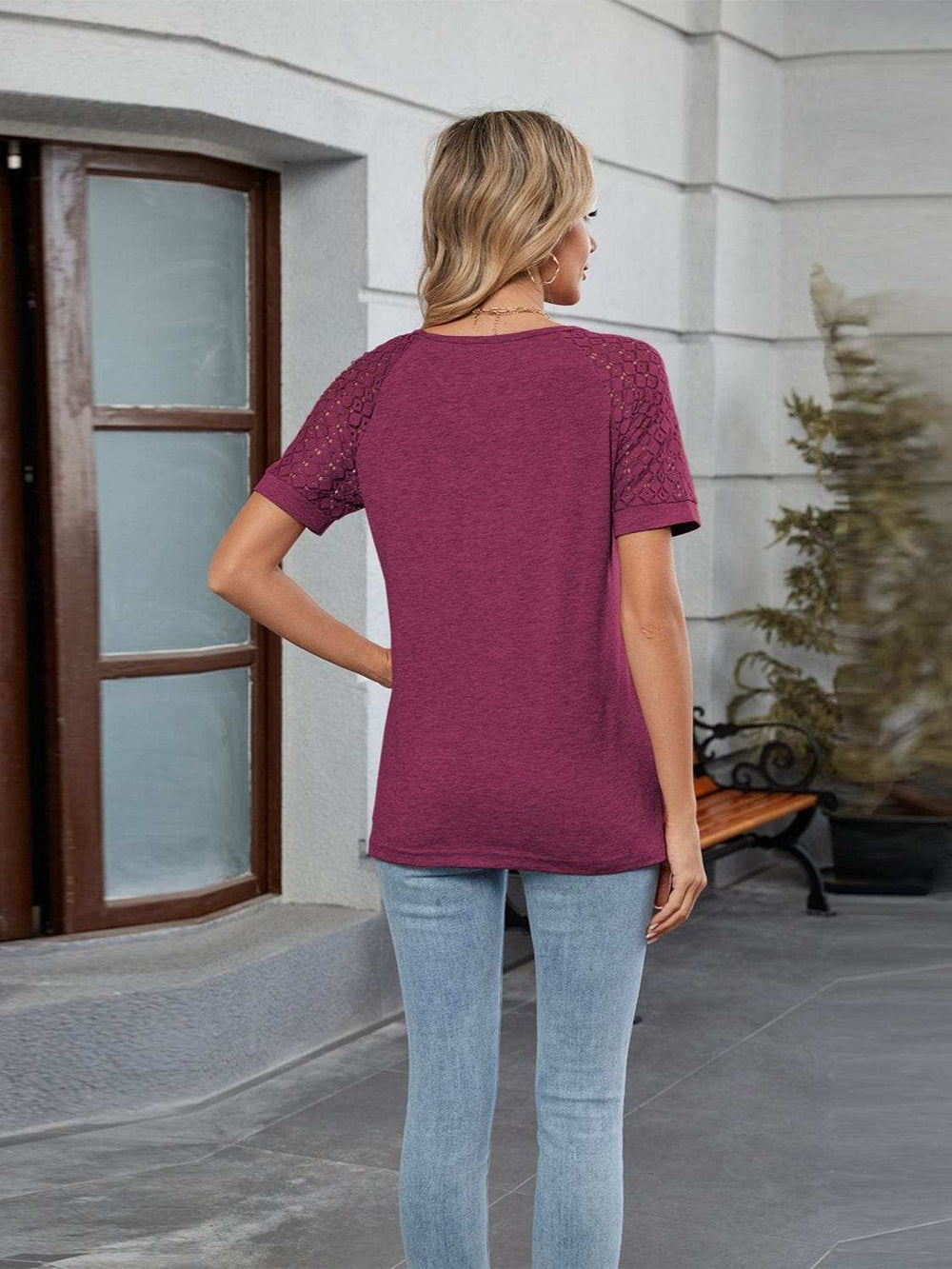 Round Neck Lace Short Sleeve T-Shirt - Trendsi - Flyclothing LLC